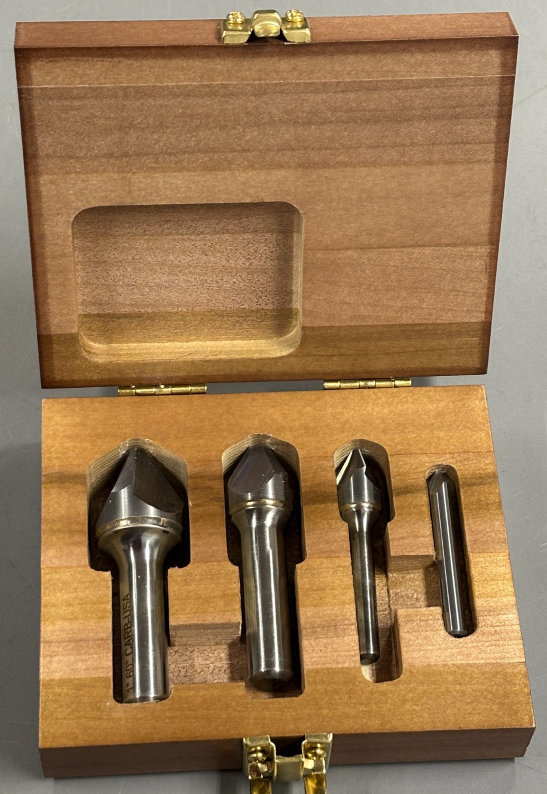 4 Pcs. Made in USA 1/4, 1/2, 3/4, 1″ x 60 Deg. 3 FLT Carbide Countersink Set Box