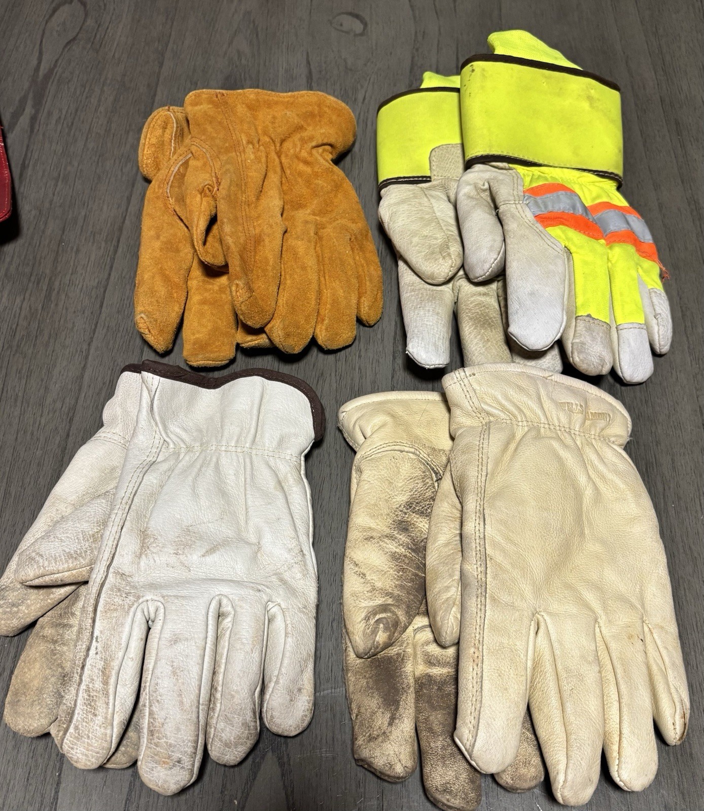 Lot of 4 Pairs Leather Work Gloves, Size L, Mixed Styles, Hi-Vis Reflective Cuff