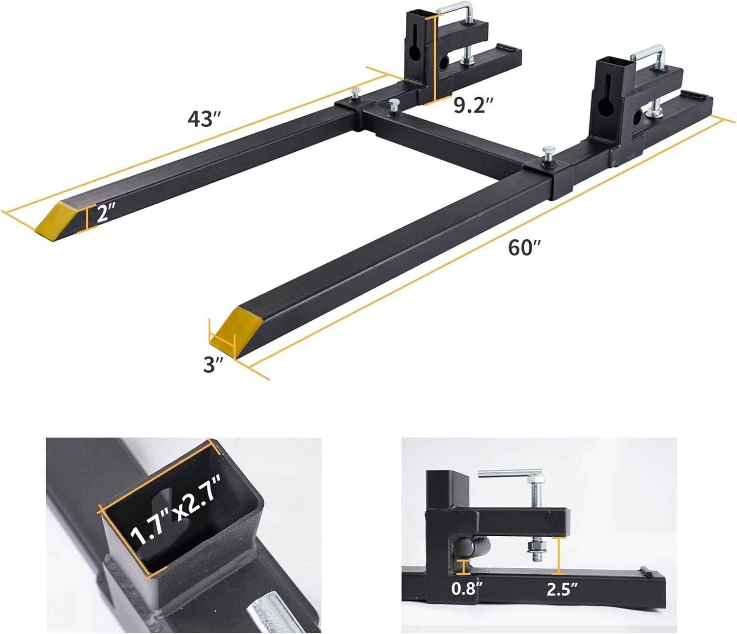 60″ Heavy-Duty Clamp-On Pallet Forks – 2000lbs Capacity with Stabilizer Bar