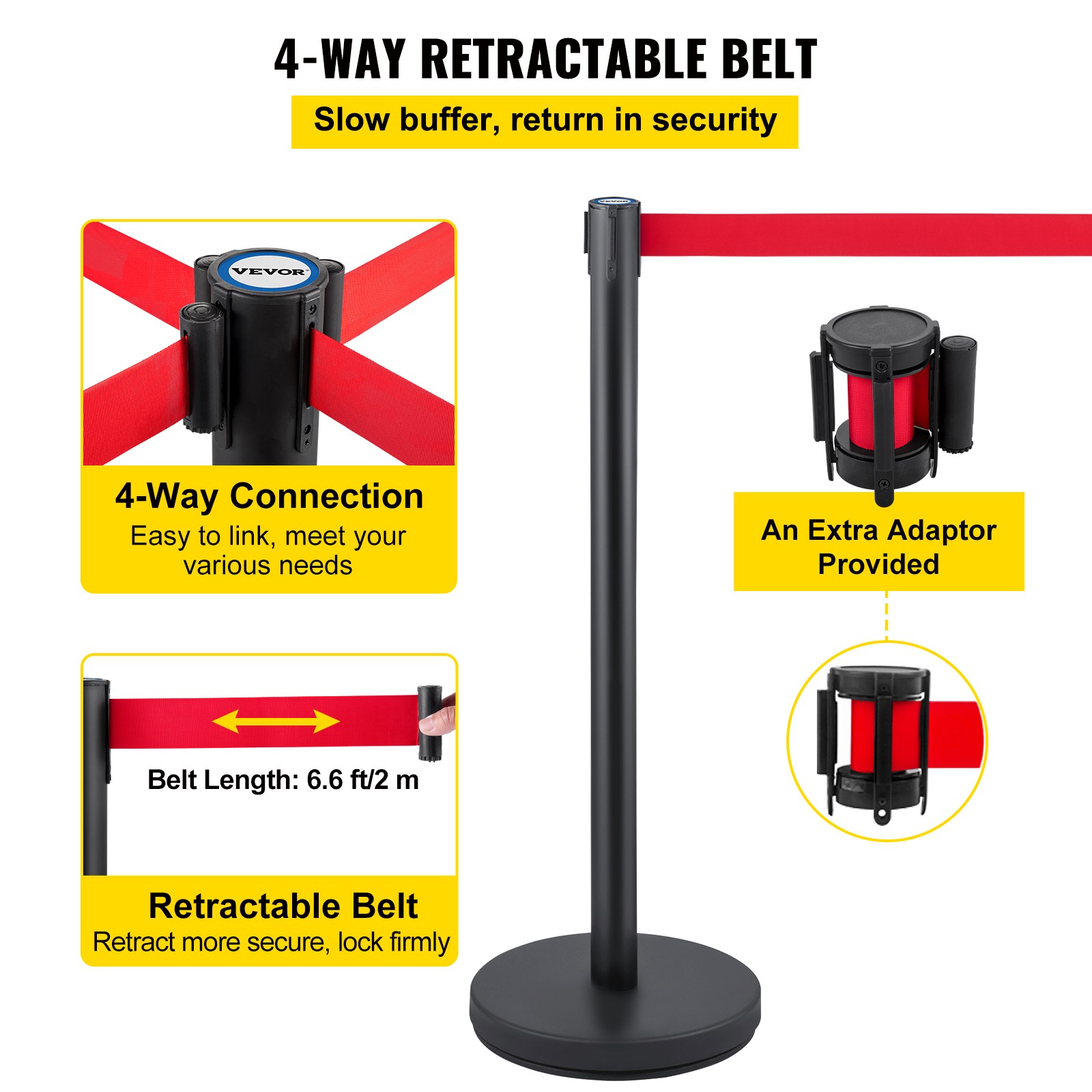 VEVOR 6 Pieces Crowd Control Stanchion Posts 6.6 ft/2 m Red Belt Queue Barrier