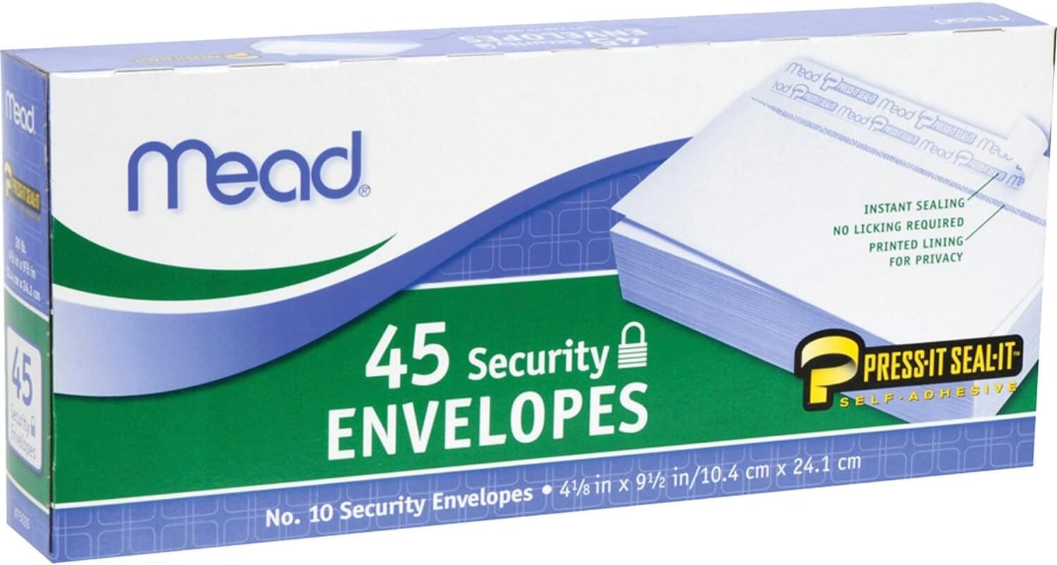5 Mead 75026 #10 4 1/8 X 9 1/2 Press-it Seal-it 45 count white envelope free trk