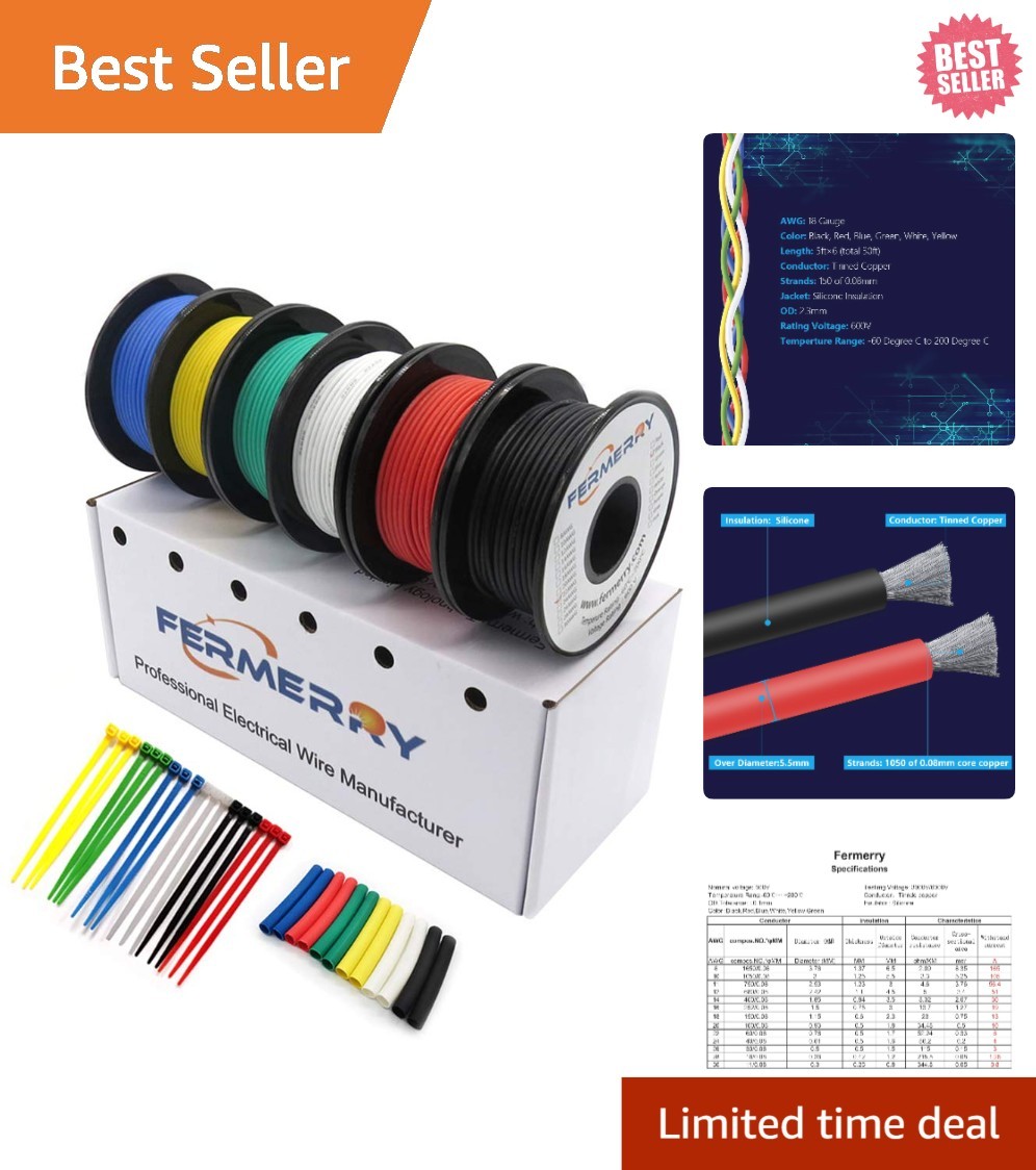 18 AWG Stranded Wire Kit – 5ft Flexible Silicone in 6 Colors, Tinned Copper