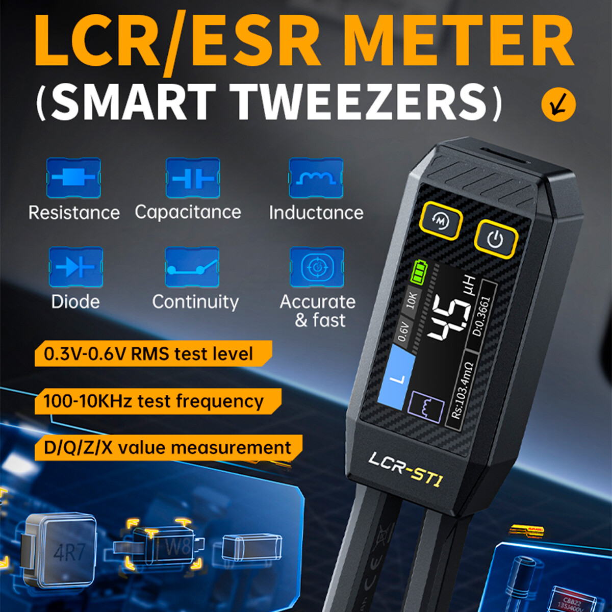 FNIRSI LCR-ST1 Mini Smart Tweezer LCR SMD ESR Tester Ohm Cap Inductance Diode Me