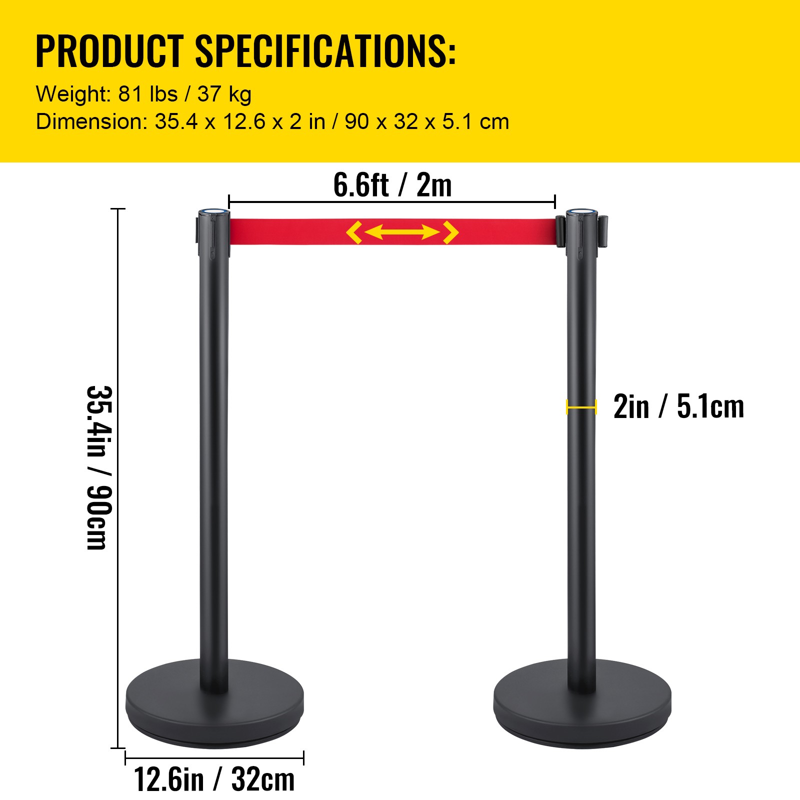 VEVOR 6 Pieces Crowd Control Stanchion Posts 6.6 ft/2 m Red Belt Queue Barrier