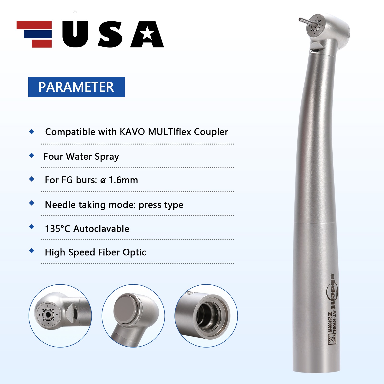 abdent Dental Fiber Optic LED Handpiece Four Spray Fit KAV MULTIflex Coupler