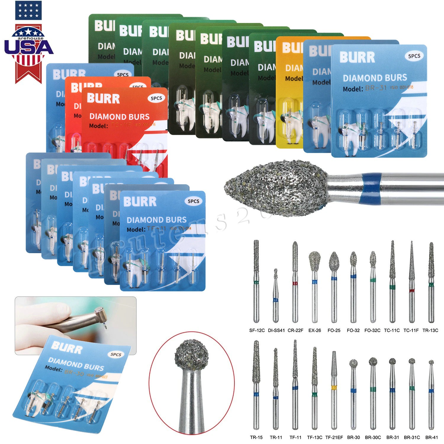 100pcs Dental Diamond Burs Set for High Speed Handpiece Medium FG 1.6mm