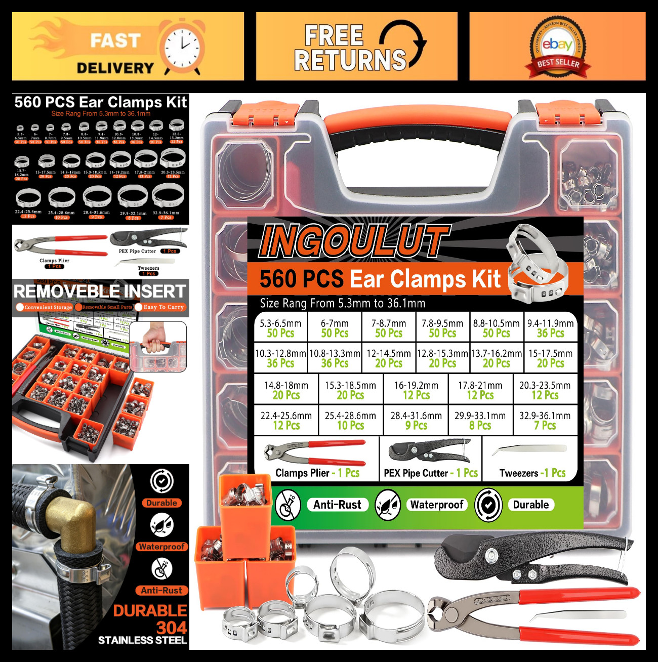 560Pcs Stainless Steel Hose Clamp Assortment Kit – 22 Sizes for Plumbing, Automo