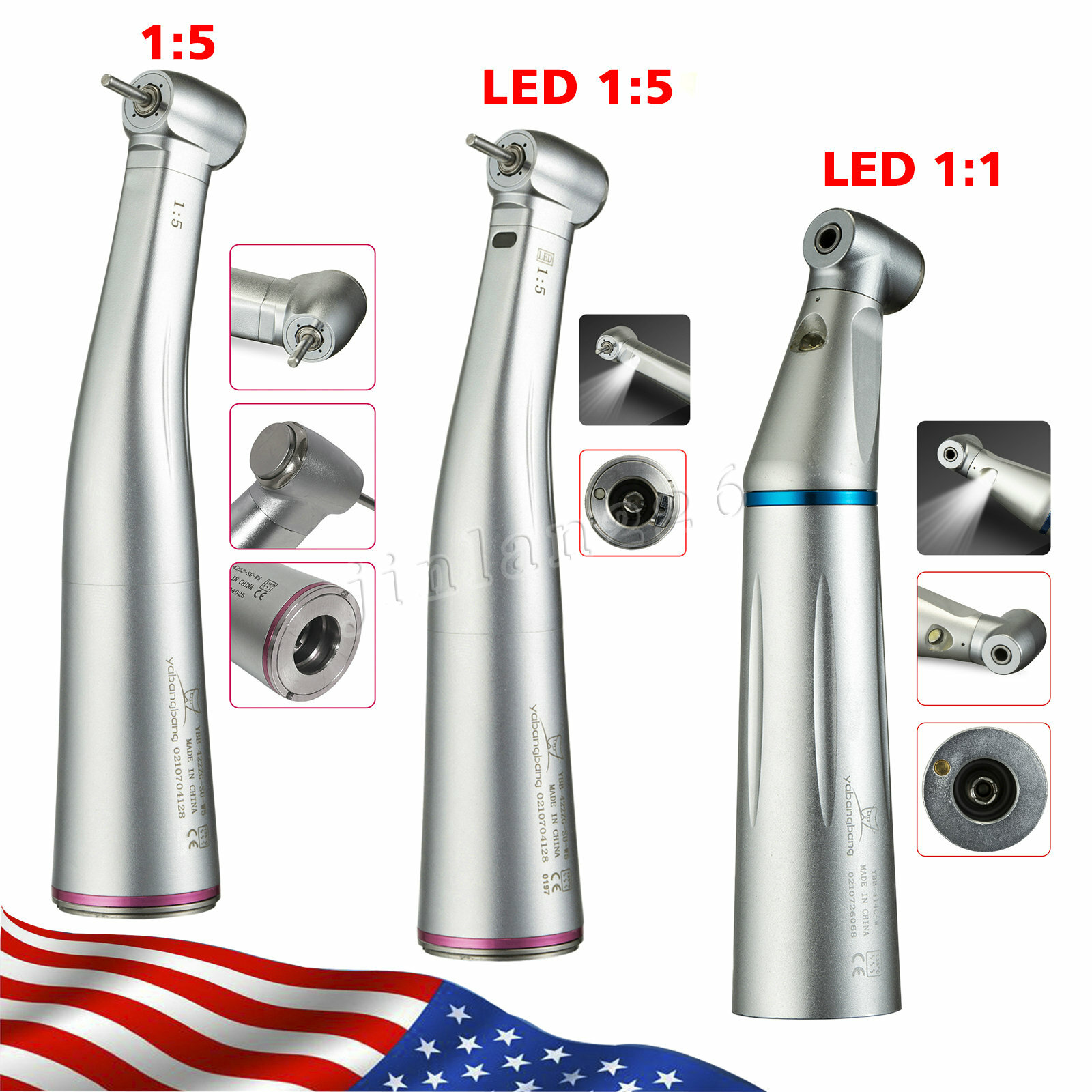 YBB Dental Low Speed Handpiece 1:5 (Fiber Optic) Contra Angle 1:1 LED Self Power