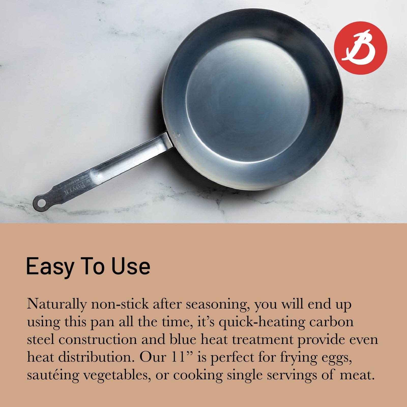 de Buyer – Blue Carbon Steel Fry Pan 2mm Thick – 11” Diameter, 8.3”
