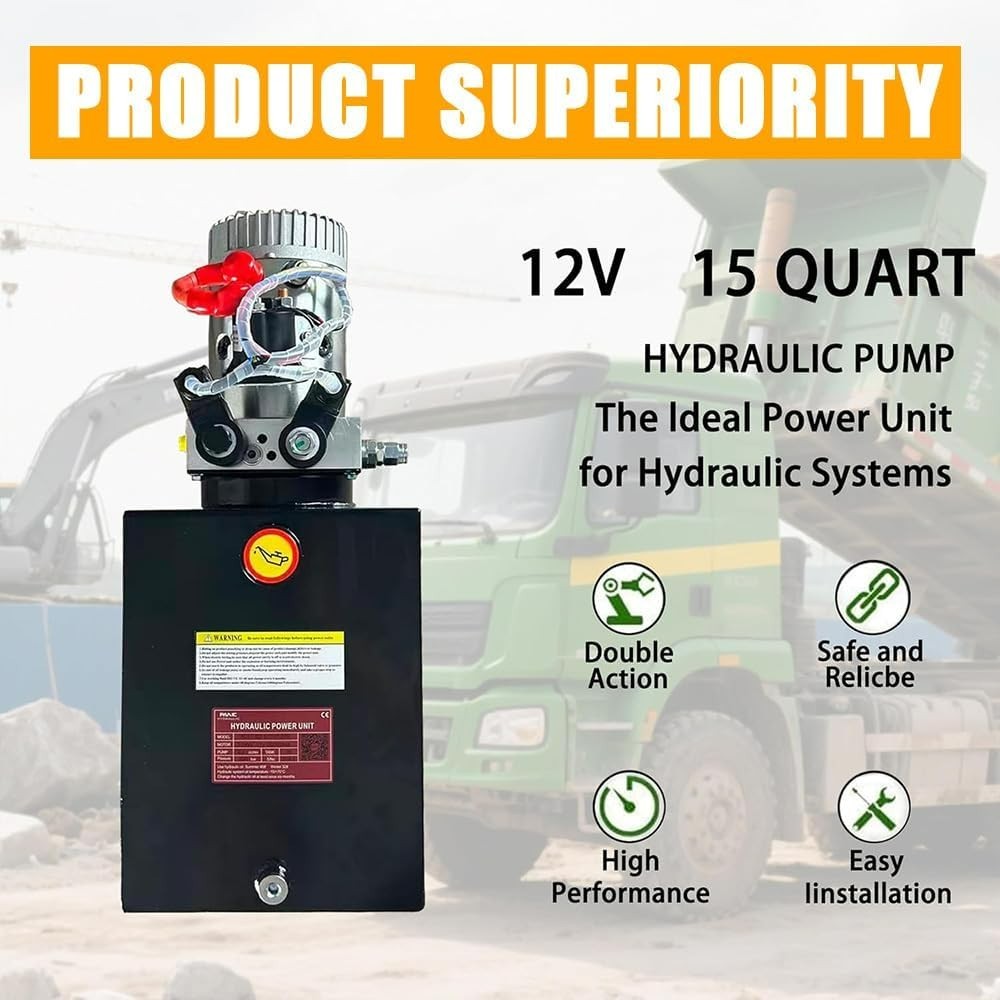 15 Quart 12V DC Double Acting Hydraulic Pump Power Unit (Steel) for Dump Trailer