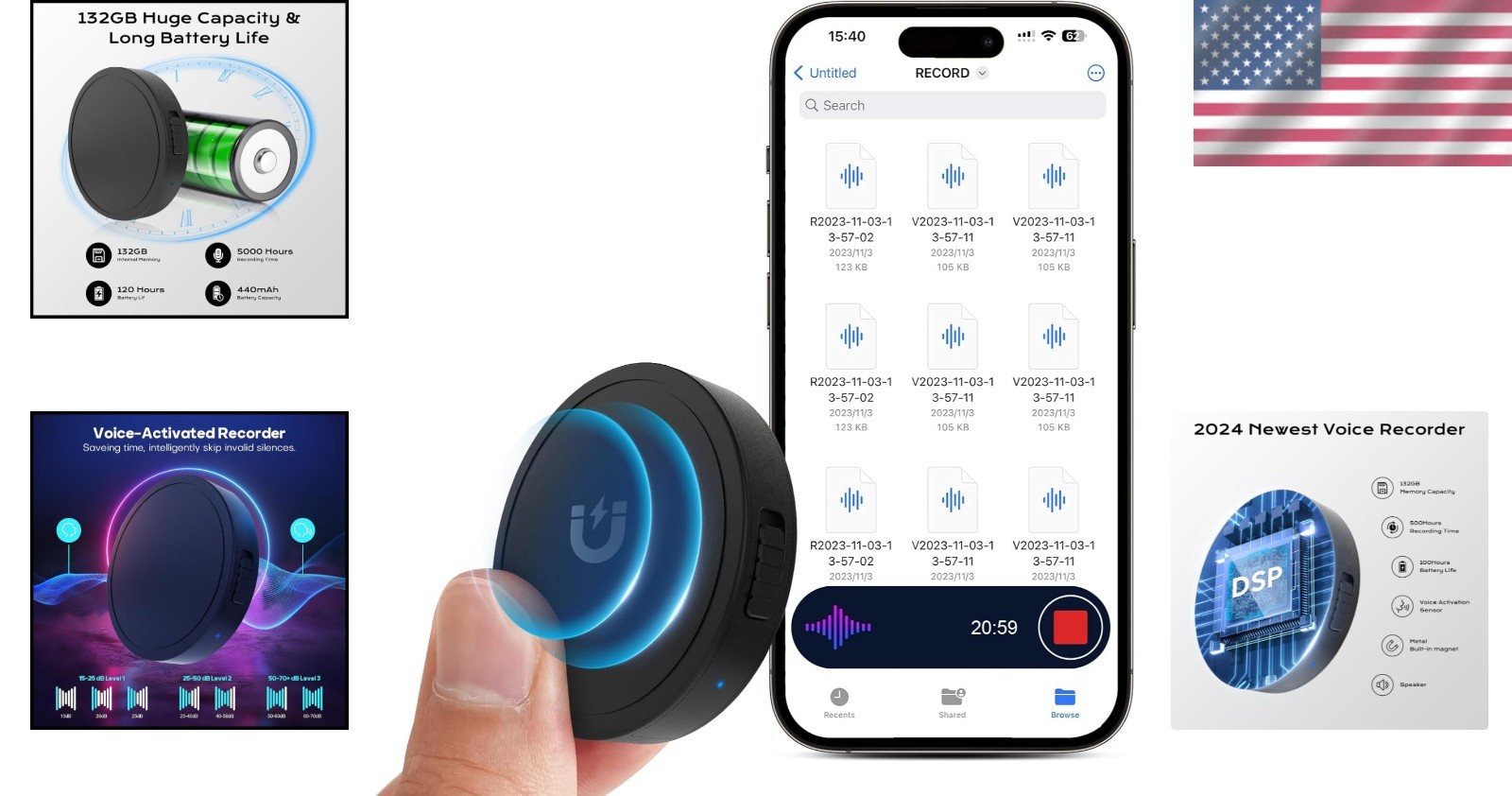 AI-Enhanced Voice Activated Recorder: 100-Hour Battery Life & 9800 Hours Audio^-