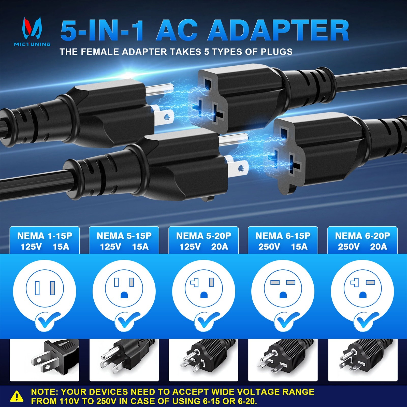 20Amp 125V AC Port Plug RV Shore Power Inlet T-Blade Adapter 18” Extension Wire