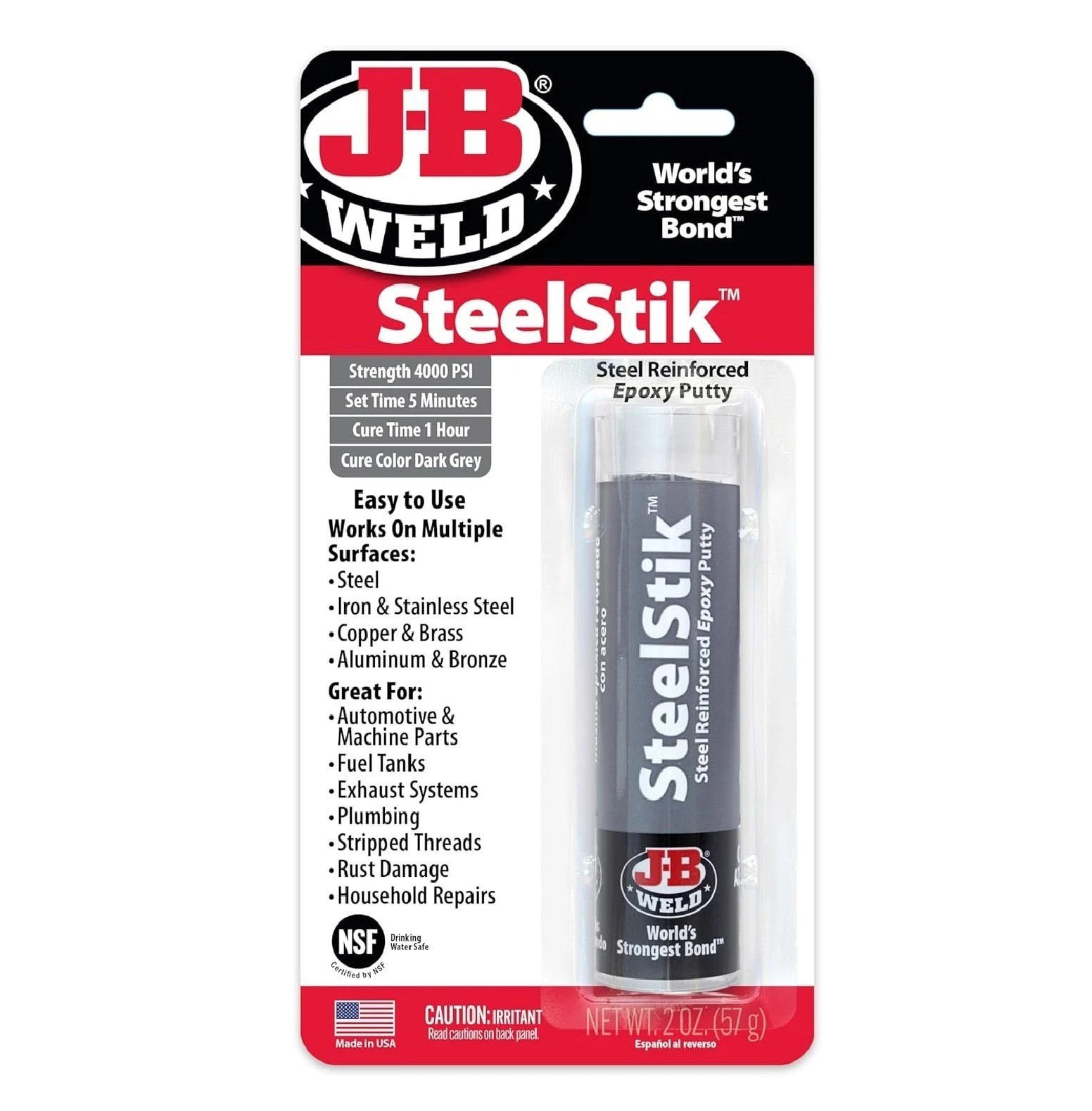J-B Weld 8267 SteelStik Steel Reinforced Epoxy Putty Stick – 2 oz.