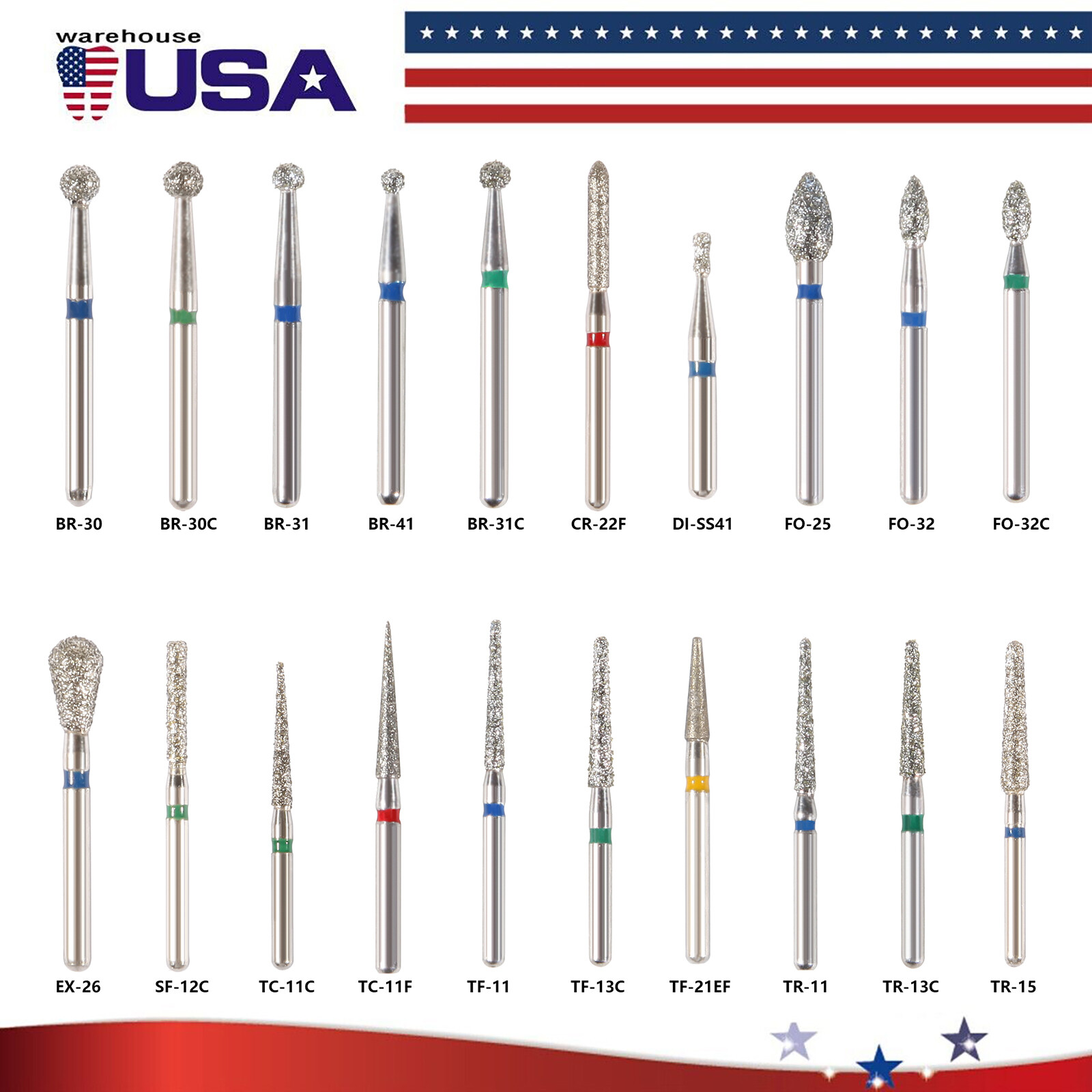100 pcs Dental Diamond Burs for High Speed Handpiece Medium Friction Grip 1.6mm