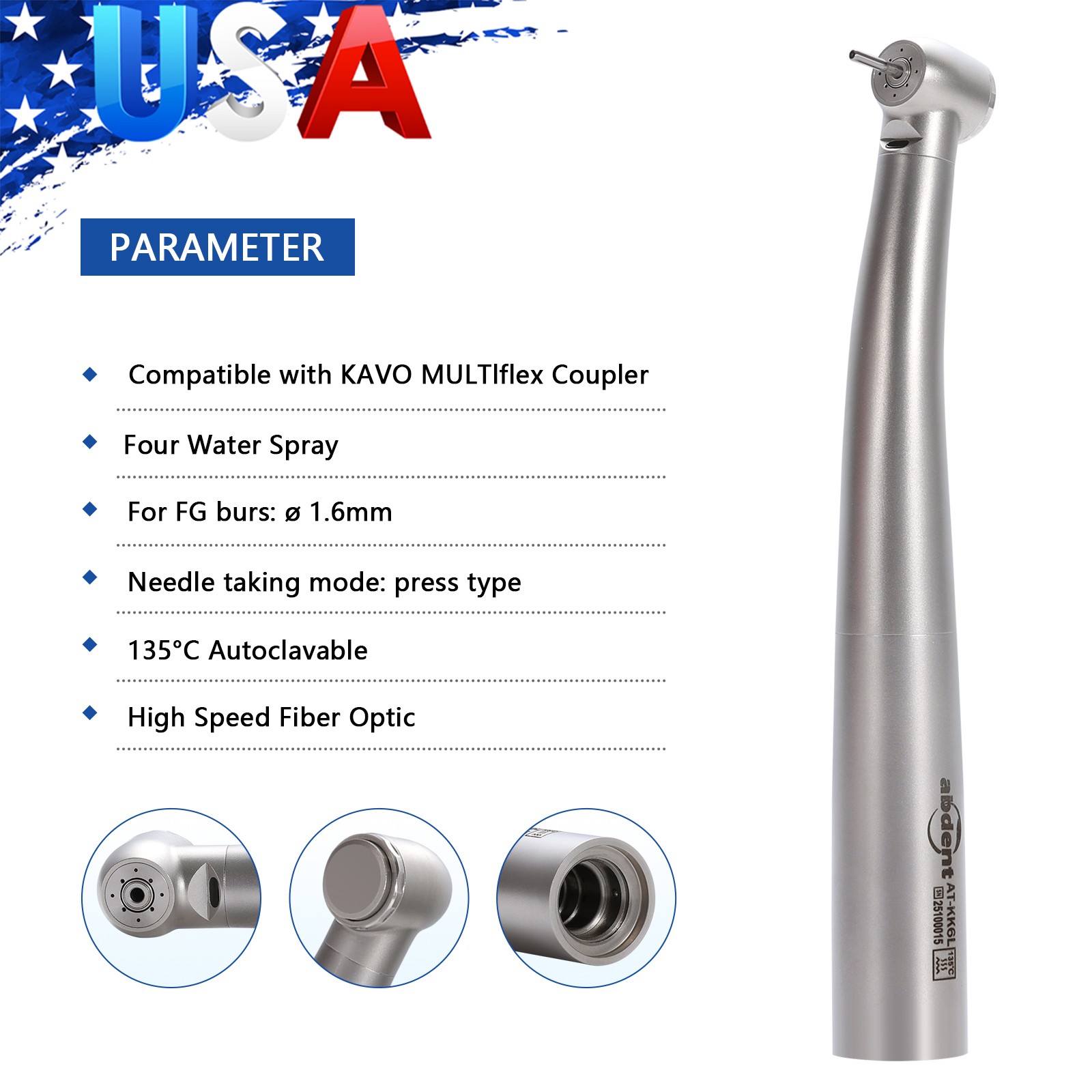 abdent Dental Fiber Optic LED Handpiece Four Spray Fit KAV MULTIflex Coupler