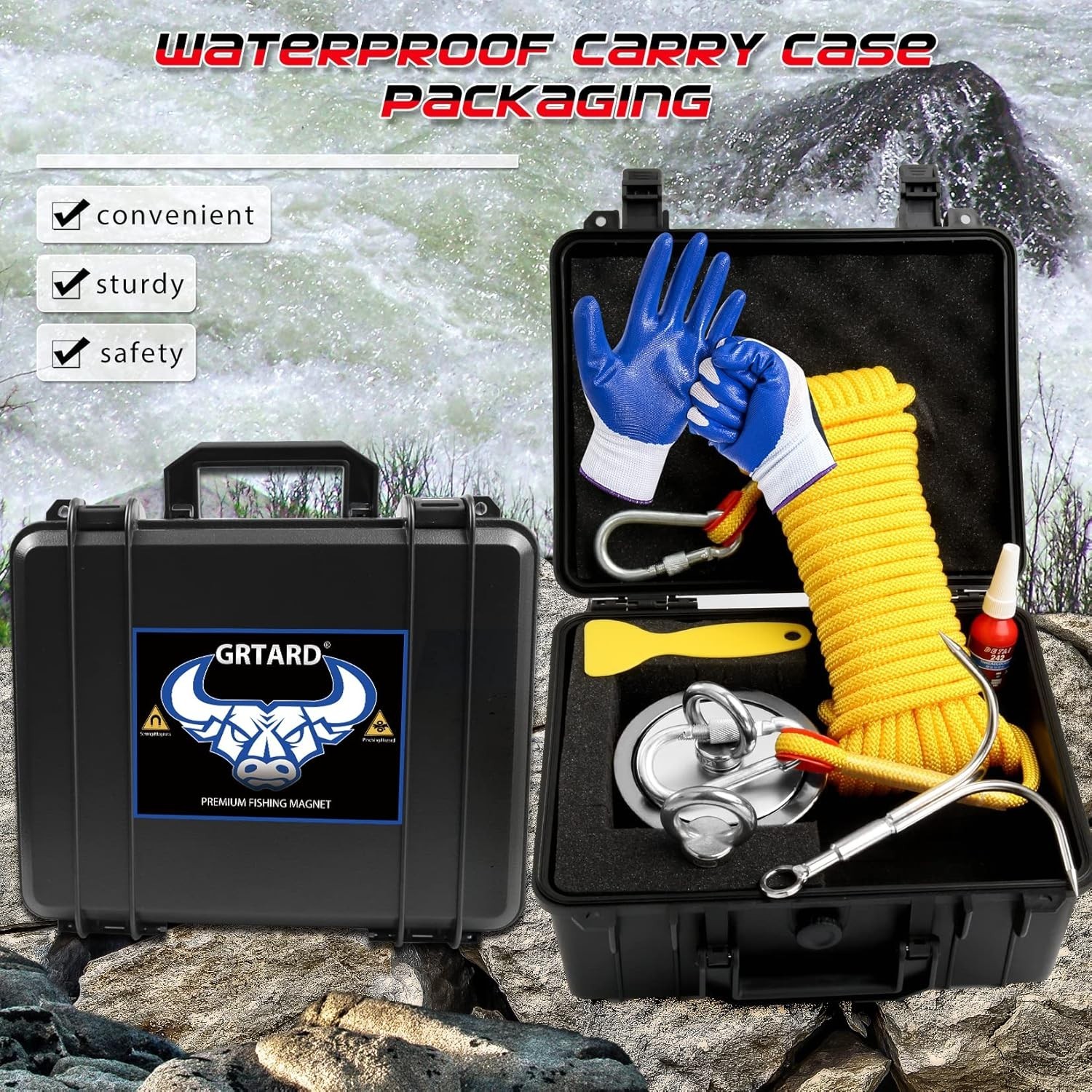 2625 lbsFishing Magnet Kit Double Sided Magnet Fishing Kit and Rope with Case US