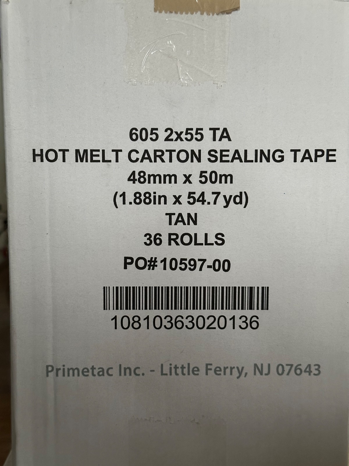 Primetac 605 2×55 Tan Hot Melt Carton Sealing Tape 36 Rolls 1.6 mil 1.88″x54.7yd