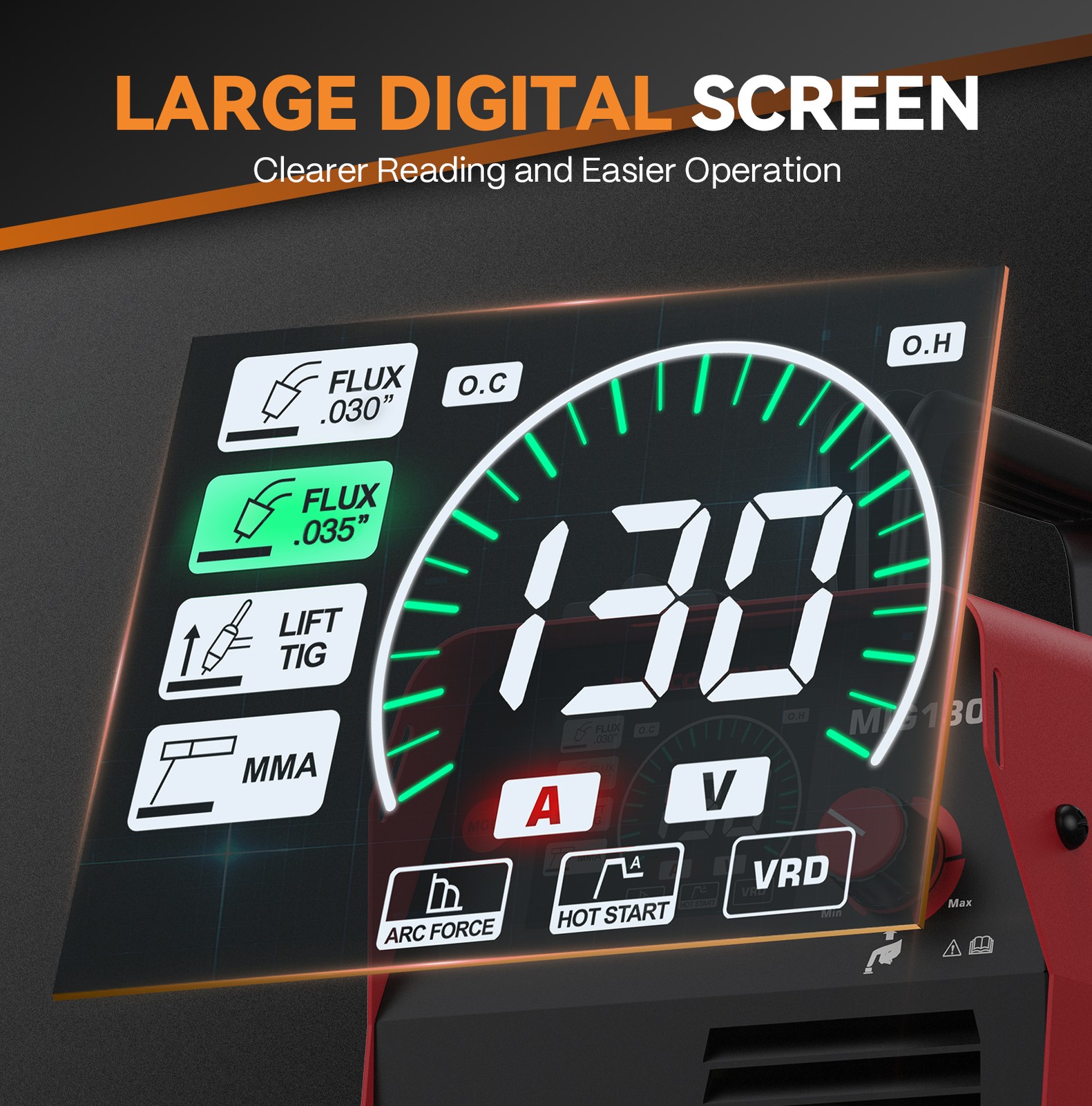 ARCCAPTAIN MIG130 3-in-1 Welder – Flux Core MIG / Lift TIG / MMA, Large Digital
