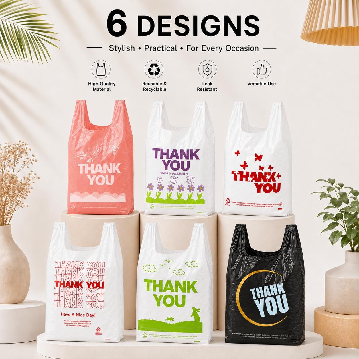 YoYoRain 1000 Pack White Thank You T-Shirt Bags with Handles, Large,